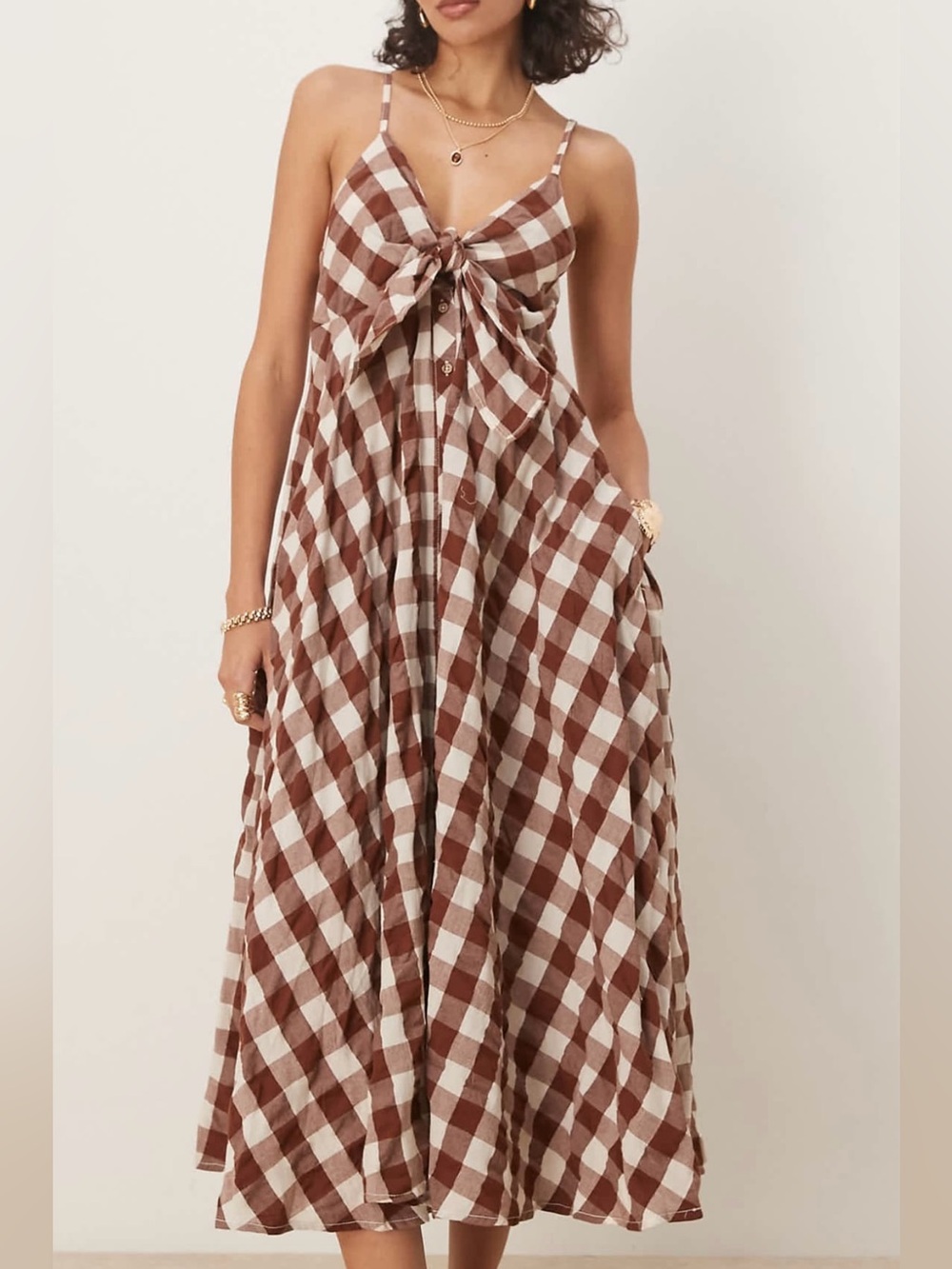 Free People Brown Gingham Midi Dress